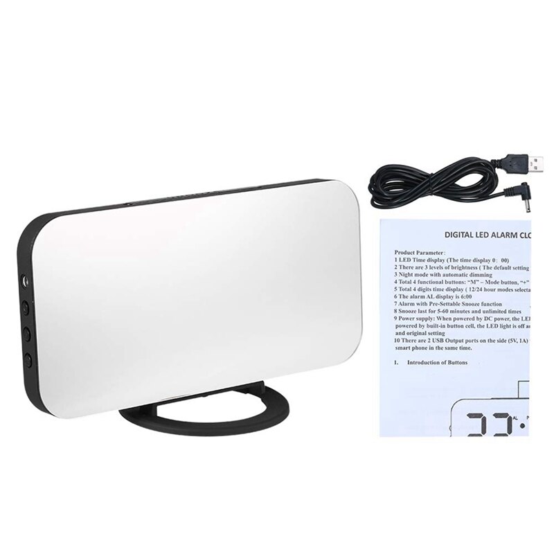 LED Digital Alarm Clock with Large White Font Display Mirror Surface Snooze Function for Bedroom Children's Rooms Office
