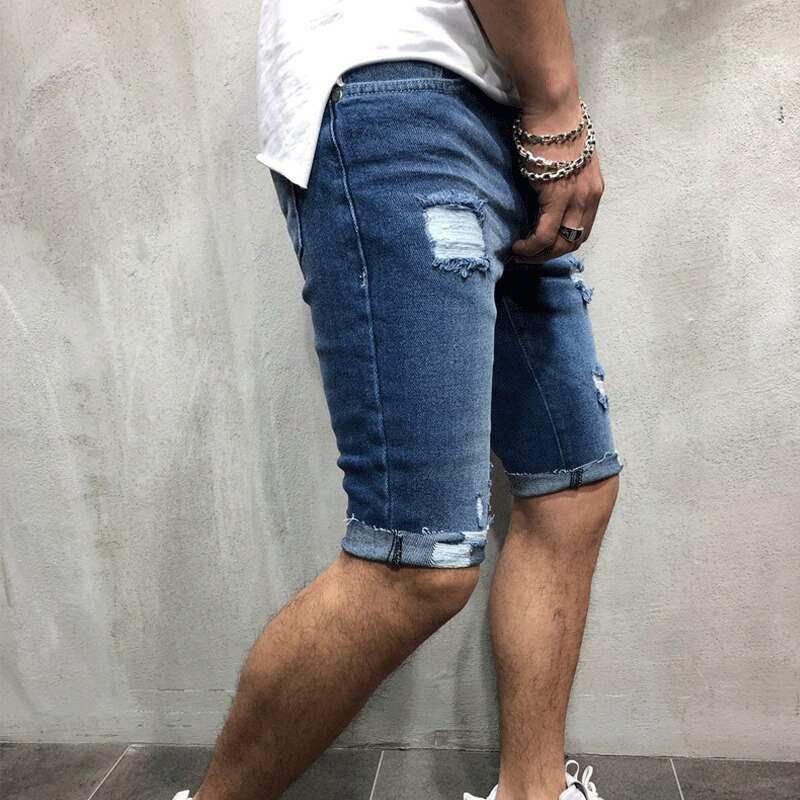 Casual Mens Denim Shorts Stretch Regular Fit Distressed Ripped Half Jeans Pants