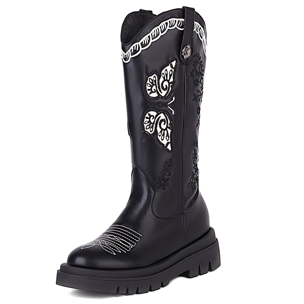 Y2K – bottes occidentales Vintage à talons épais pour femmes, chaussures brodées à plateforme
