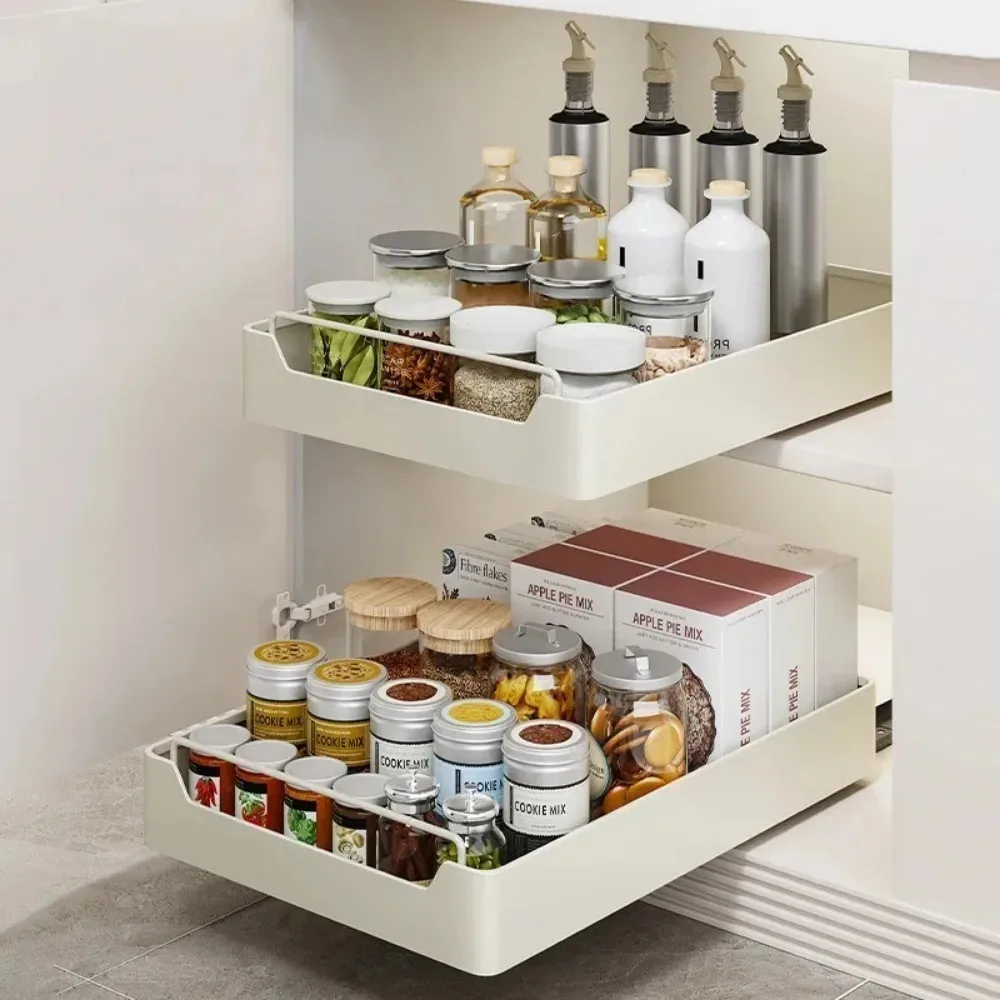 Kitchen Storage Rack Pull Out Dish Storage Rack Multifunctional Organizer Cabinets with Slide Rails Pull-Out Seasoning Shelf