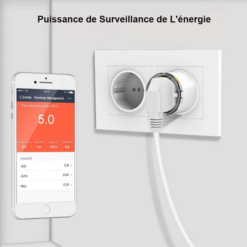 Avatto 16a /3680w frankrike standard wifi smartplugg med strømmonitor, mini smart stikkontakt fungerer med google hjem, alexa ekko