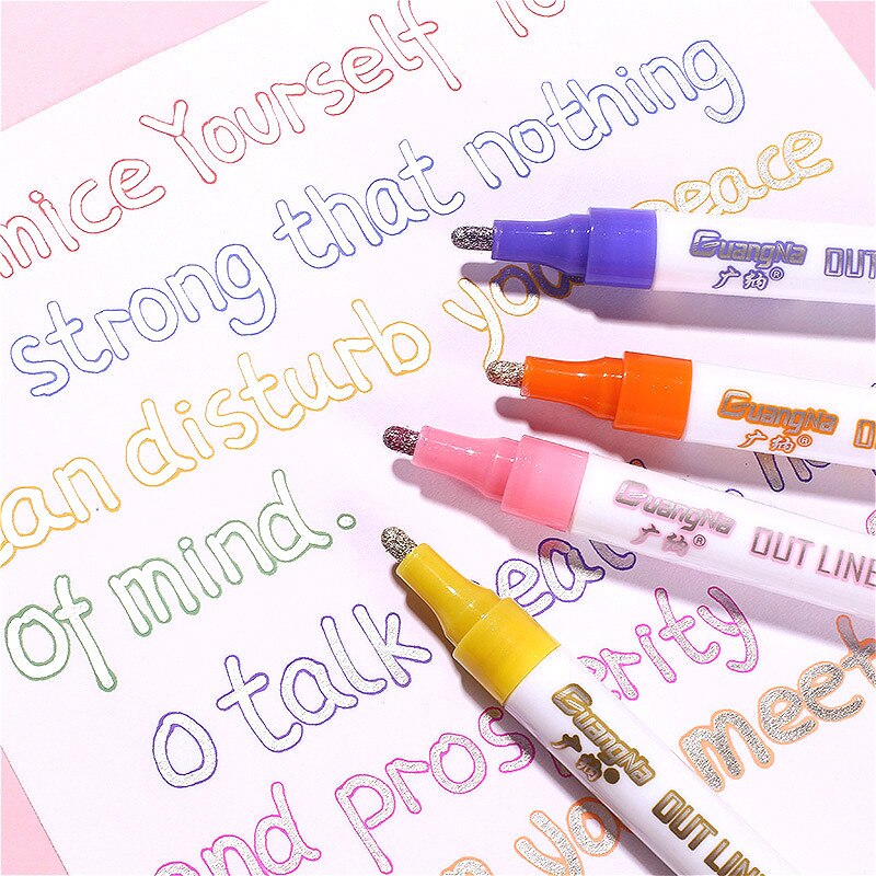 LLD 12Colors Metallic Double Lines Highlighter Out Line Pen Stationery Art Drawing Art Marker Calligraphy Lettering Scrapbooking