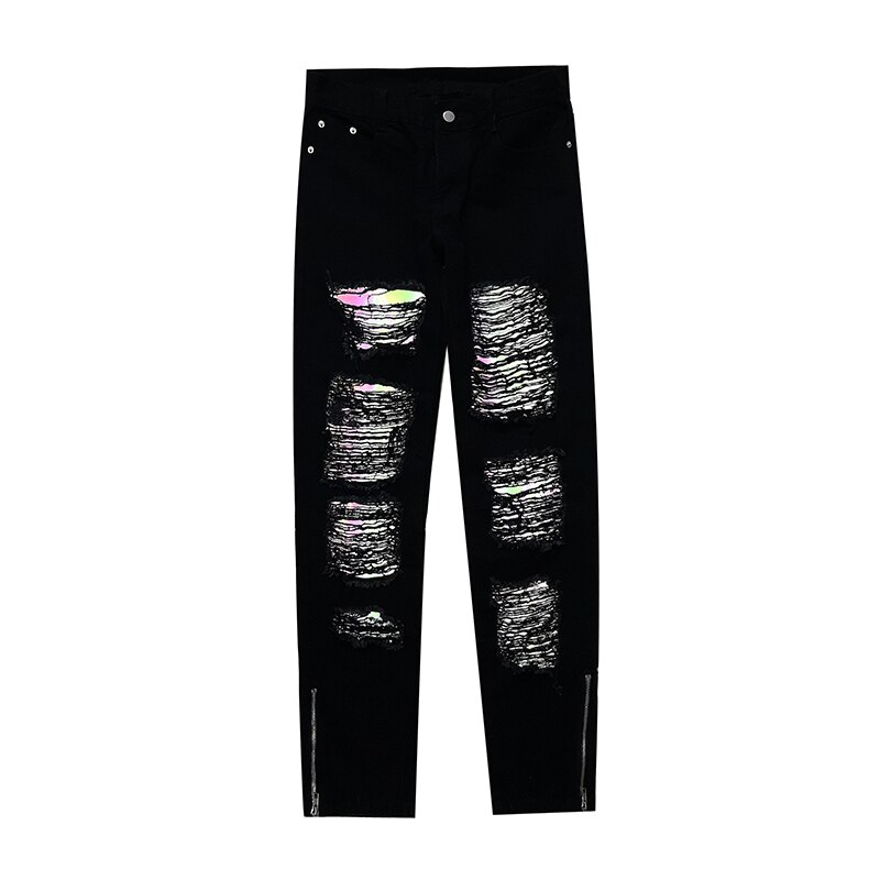 Pantalones vaqueros reflectantes Harajuku 3M para hombre, Vaqueros desteñidos con agujeros, ropa de calle Retro de talla grande, vaqueros con cremallera en el tobillo, pantalones luminosos informales: Asian M