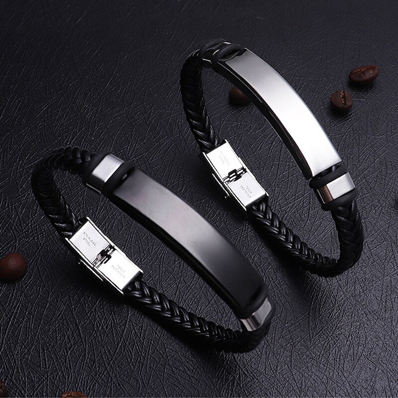 Punk Men Jewelry Black Braided Leather Bracelet Black/Silver Color Stainless Steel Charm Buckle Bangles Women