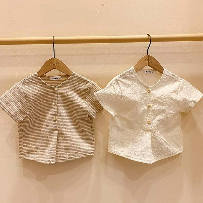 Korean children's clothing ins children's men and women treasure summer breathable cotton and linen shirt short-sleeved