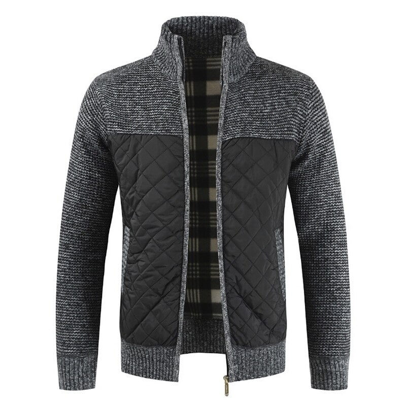 Fleecegenser for menn kåpe vinter tykk patchwork ull cardigan varm strikket genser jakker uformelle herreklær  xy108: Mørk grå / M