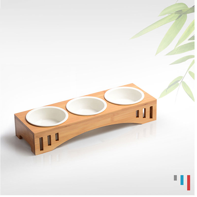 Solid Wood Pet Dining Table Bowl Pet Wooden Tilted Feeders Dog cat Anti-slip Three Bowls Cat Dish with Slope Stand(Heighten)