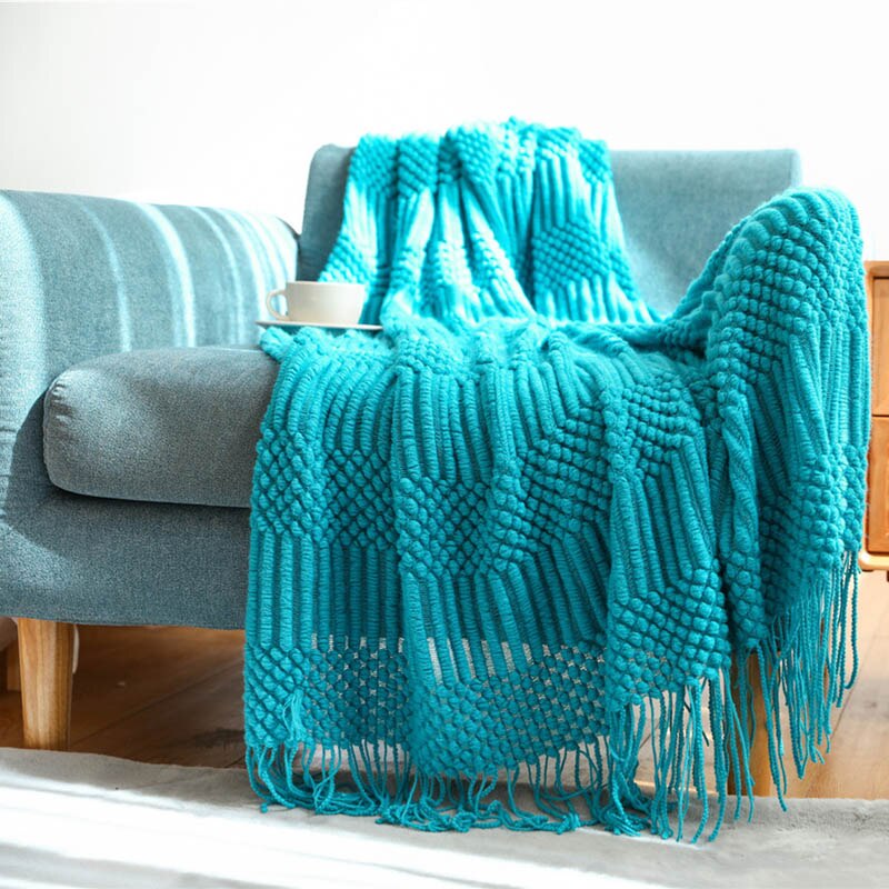 Mantas para sofá de estilo nórdico, mantas de punto para cama a cuadros en el sofá, mantas de avión de viaje informales, chal de borla para decoración del hogar: blue / 127x170cm