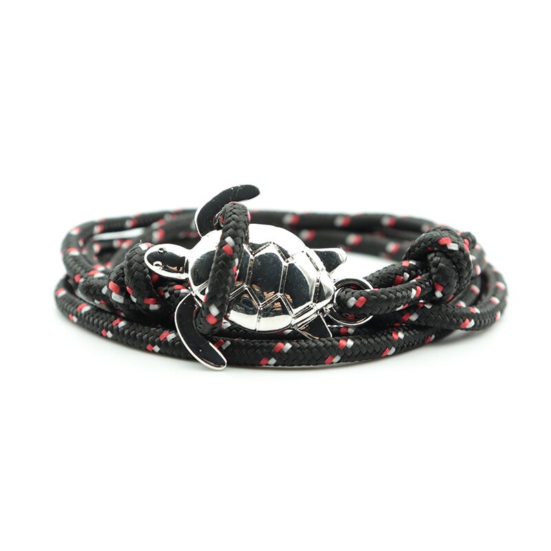 Pulsera de tortuga de mar Paracord hecha a mano para hombre y mujer, brazalete de vikingo con cuerda multicapa, joyería: Silver-Black