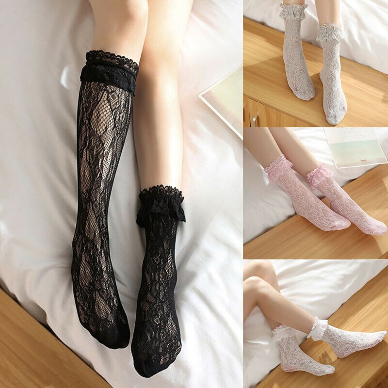 Lolita niñas calcetines de encaje mujeres niñas blanco encaje corto calcetines al tobillo con volantes
