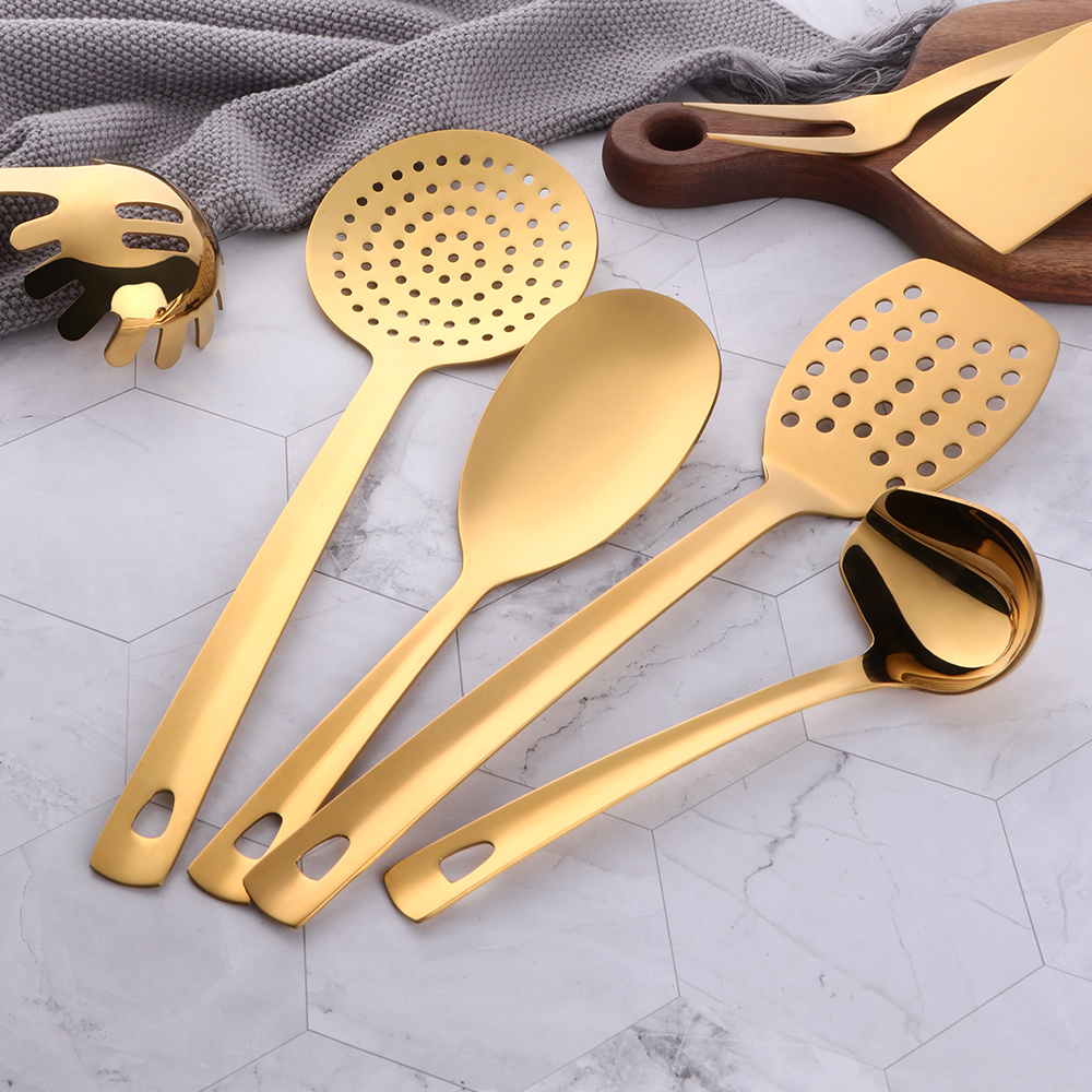 Gold Cooking Tools Set Stainless steel Soup Ladle Spatula Metal kitchenware Colander Rice Spoon Cake Shovel cookware