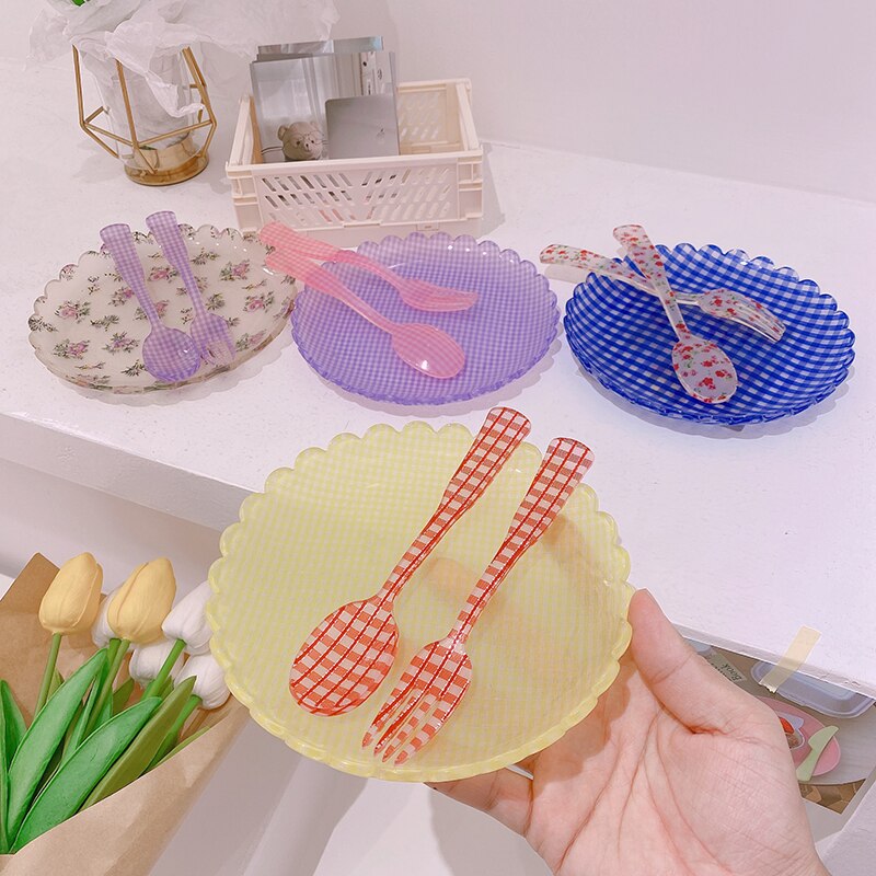 Plateau à Dessert en plastique, plat à gâteau en acrylique, motif de grille, assiettes florales, décoratives, fête de mariage, anniversaire, assiette à fruits cuillère fourchette