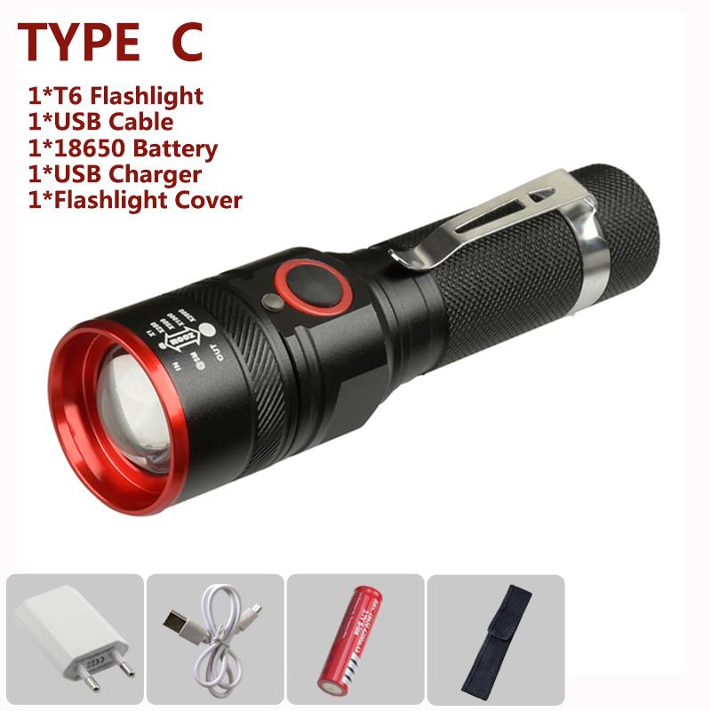 6000 Lumens Flashlight USB Rechargeable T6 LED Flashlight Torch Lamp Lantern 18650 Waterproof Bike LED Holding Clip Flash Light: Type C