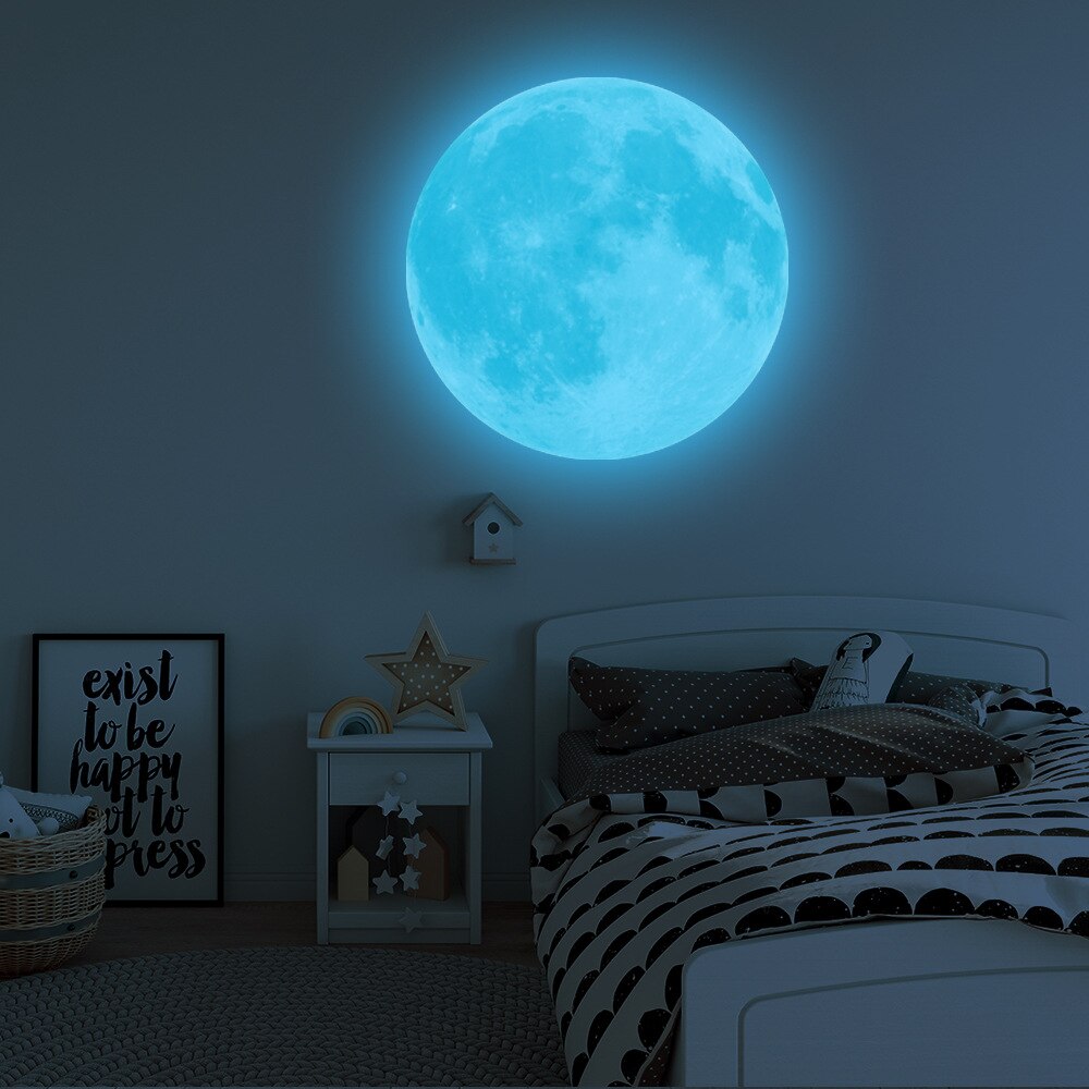 Glowing Moon Wall Stickers Home Decor Glow In The Dark Sticker Vinyl Babyroom Bedroom Living Room Decoration: Green Blue Light / 20cm