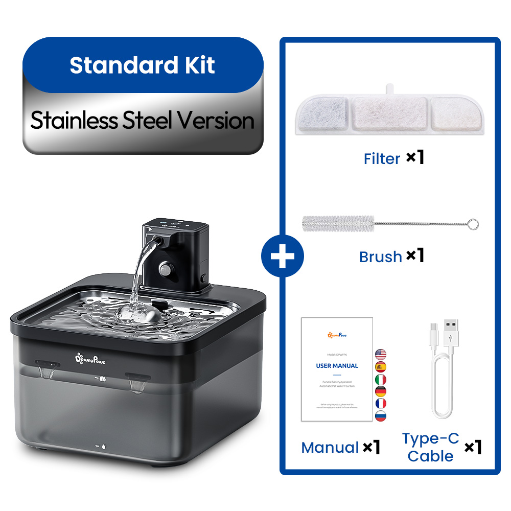DownyPaws Fuente de agua automática para gatos de acero inoxidable de 2,5 L, bebedero inalámbrico negro de 4000 mAh para mascotas, batería y sensor, dispensador 2 en 1: Default Title