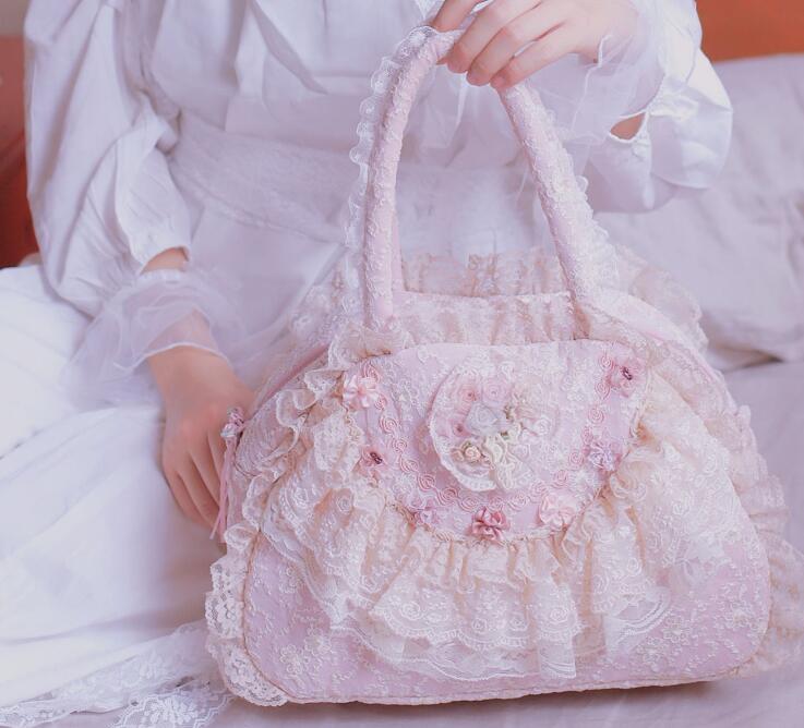Vintage domstol prinsesse udsøgt håndtaske lolita fest hvid blonder tote taske: Lyserød