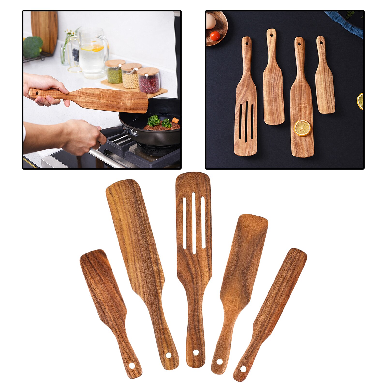 5x Natural Teak Wood Slotted Spurtle Spatula Sets Utensils Cooking Tools