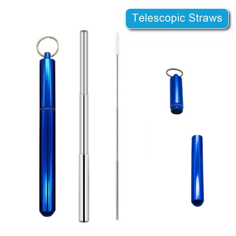 Reusable Stainless Steel Straws with Aluminum Keychain Case Cleaning Brush Collapsible Telescopic Portable Drinking Straws: Blue