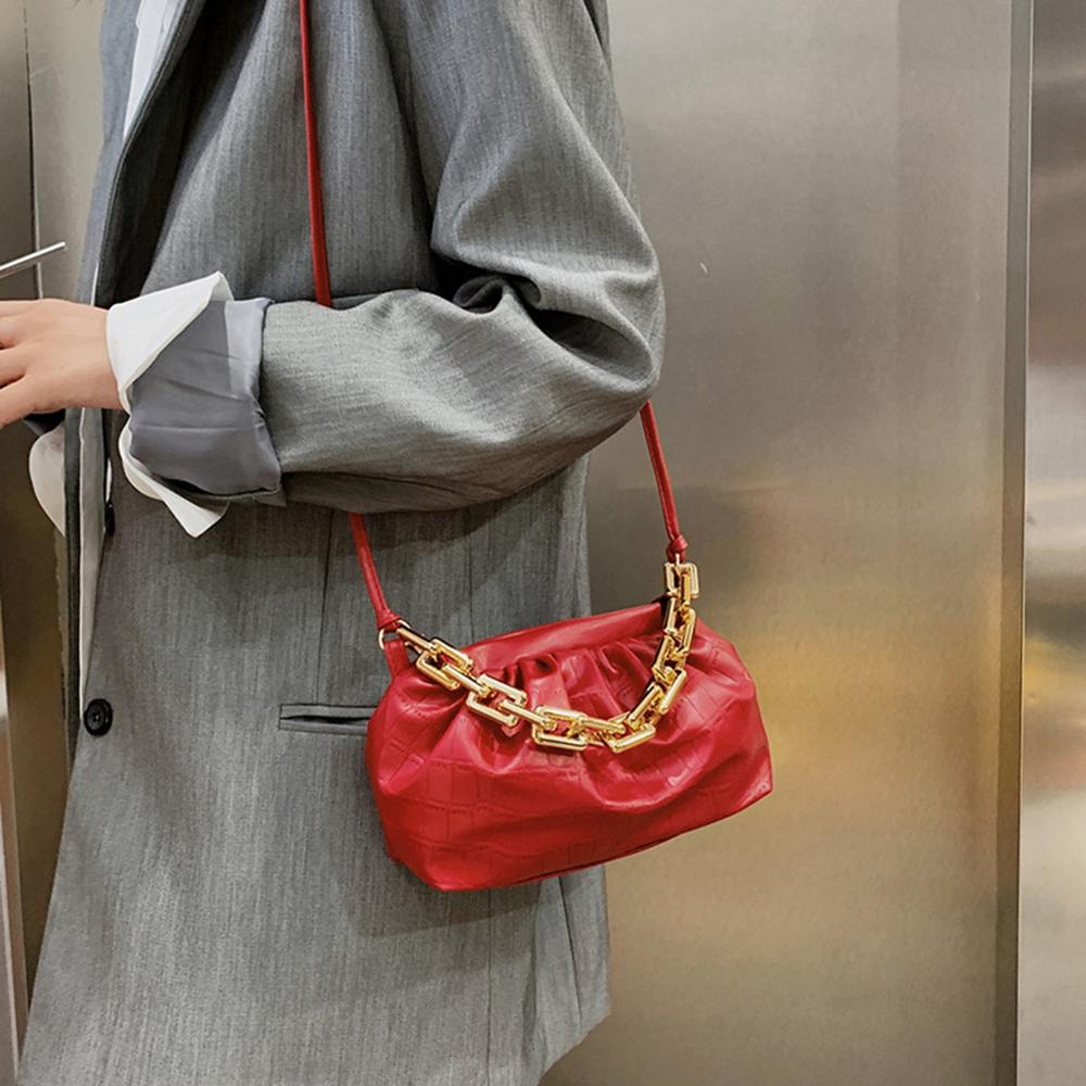 Sacs à main plissés en cuir PU pour femmes, sacs à bandoulière à motif de pierre rétro, sacoche à épaule couleur unie avec chaîne