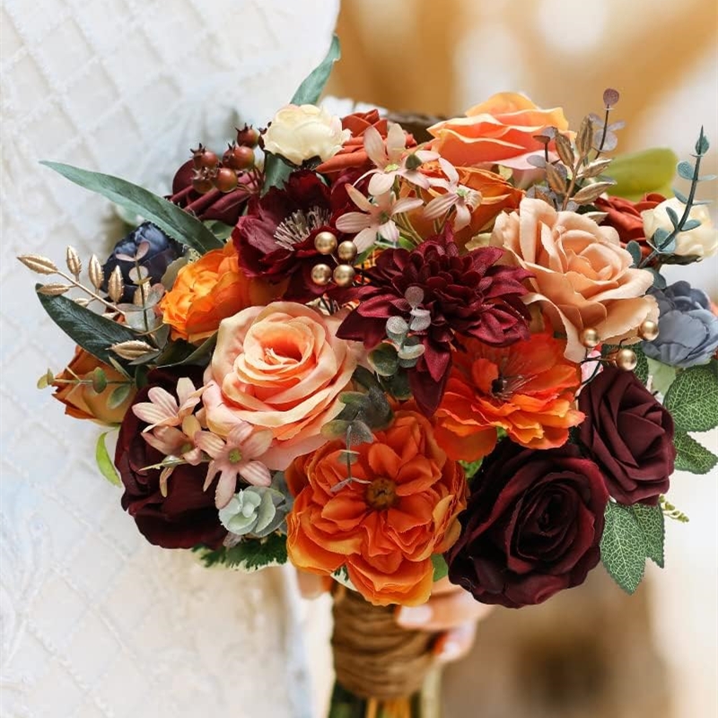 Caja combinada de flores artificiales de rosas naranjas, ramo de novia, decoraciones DIY para exteriores/interiores, flores decorativas para festivales