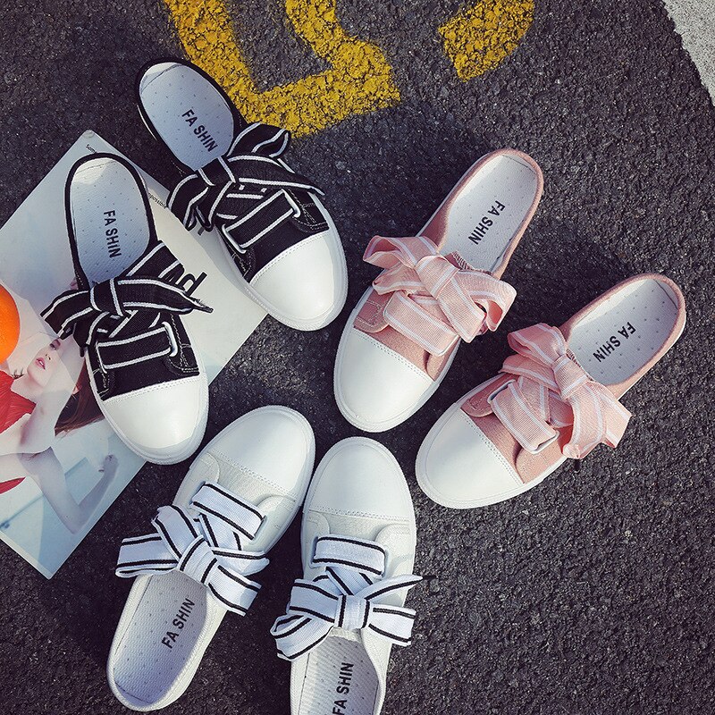 Zapatos planos Mule para primavera Otoño, zapatillas blancas rosas para mujer, zapatos Mules de PU a la con tacón plano, calzado de goma Mule