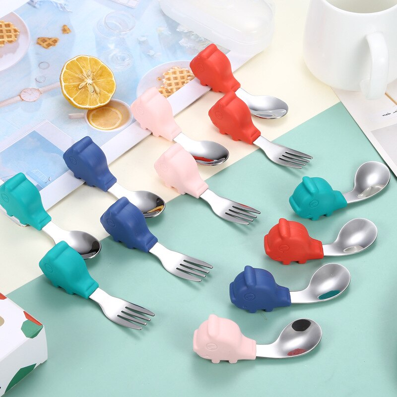 Baby Servies Leren Eten Training Lepel Korte Lepel Vork Set Zuigeling Servies Voeden Vork Baby Gadgets Kinderen Bestek