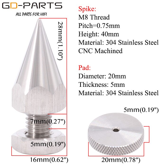 Aço inoxidável 304 Speaker Pico M6 M8 M10 Fio AMP Monitor de Estúdio Fique Cone Turntable Pad 40mm Isolamento Instrumento pé: M8