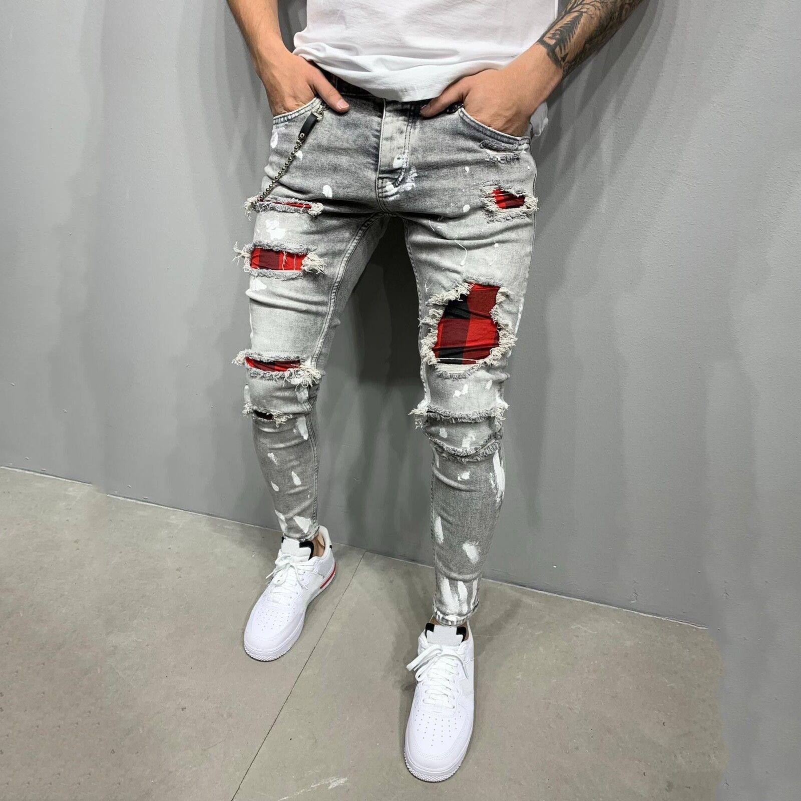 Heren slim-fit gescheurde broek heren geschilderde jeans patch bedelaarsbroek jumbo maat s -4xl
