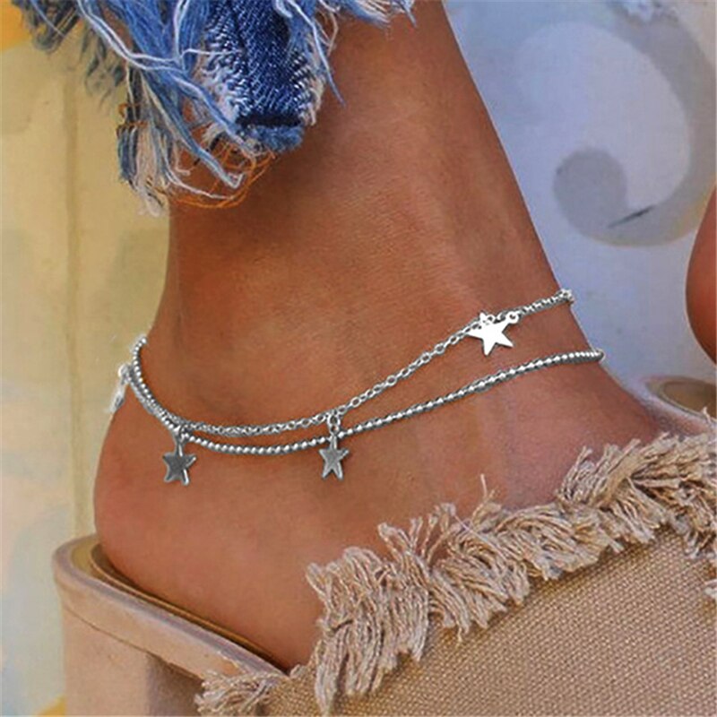 Tobillera estilo bohemio estrella Luna corazón para mujer, tobillera Vintage Multi cadena para mujer, pulseras en pierna joyería femenina océano: 5130502