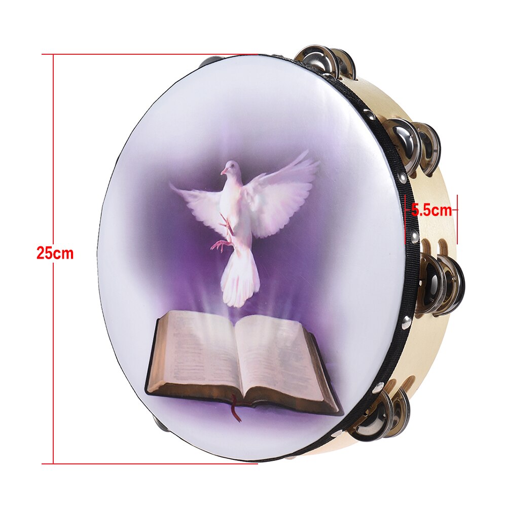 8" Double Row Jingle Tambourine Handbell Clap Drum Percussion Instrument with Dove &amp; Bible Pattern for Church