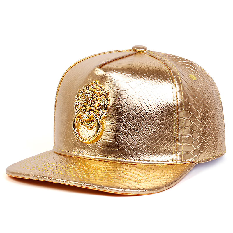 Snapback Men Flat Baseball Cap Golden Lion Loop Multi Color Figure PU Leather Hip Hop Cap Punk Casual Street Trend Caps: Gold