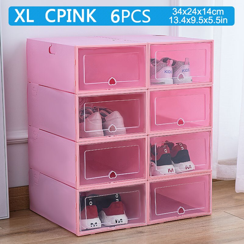 6pcs transparent shoe box thickened transparent dustproof shoe storage box can stacked combination shoe cabinet shoe organizer: 34X24X14cm  CPINK6