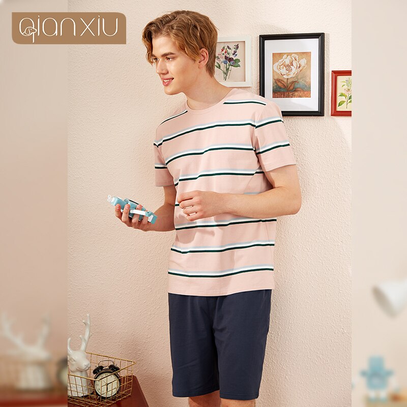 Men's knitted cotton short-sleeved pajamas QIAN XIU summer home leisure suit home wear pajamas 230