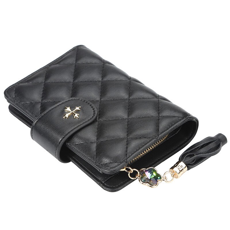 Grid Women Mini Purse Gold Leather Women Wallets Zipper Clutch Red Coin Bag Card Holder Ladies Girls Casual Short Wallet: Black