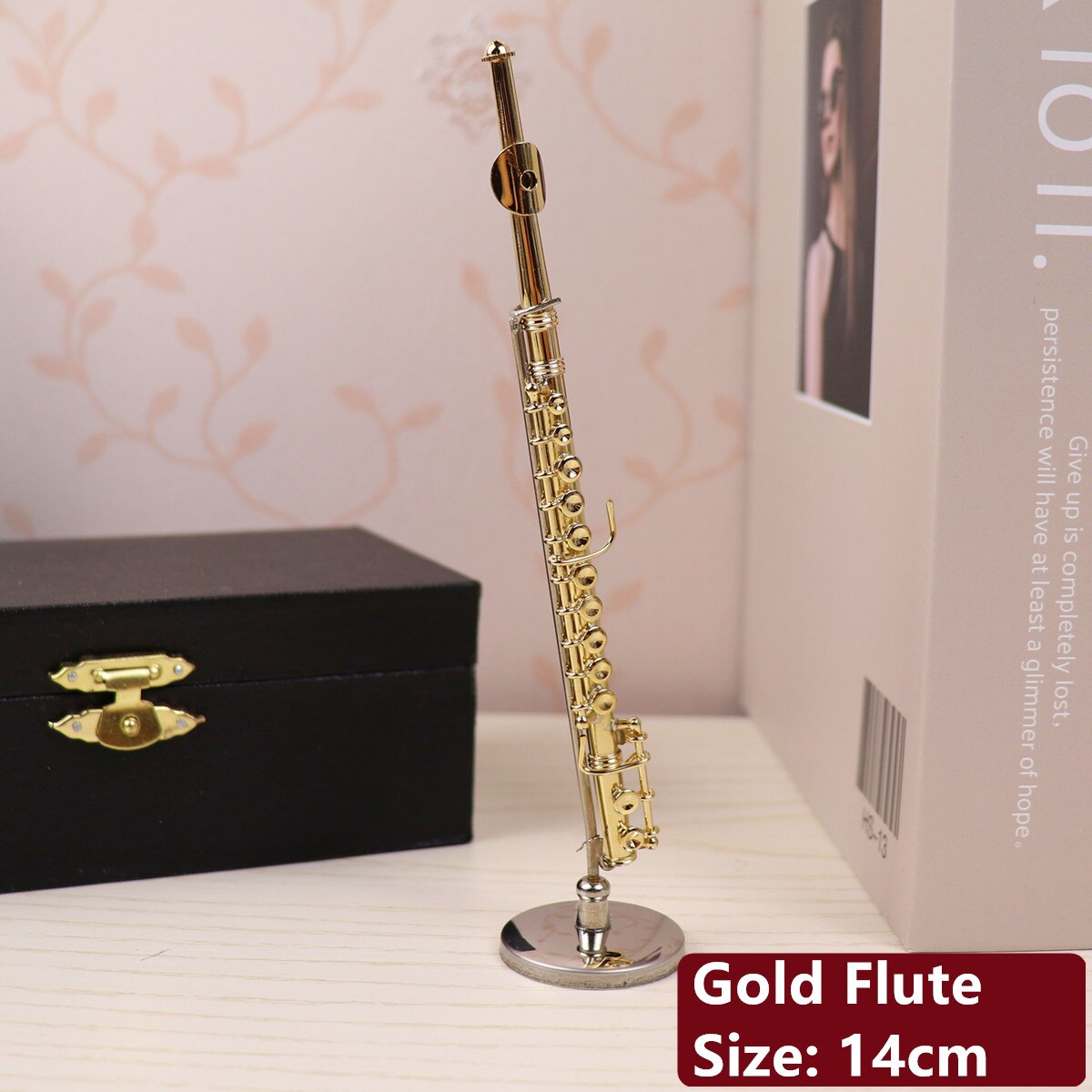 Dh Miniature Flute Clarinet Saxophone Trumpet Trombone French Horn Model Mini Musical Instrument Ornaments and Decoration: Gold Flute-14cm