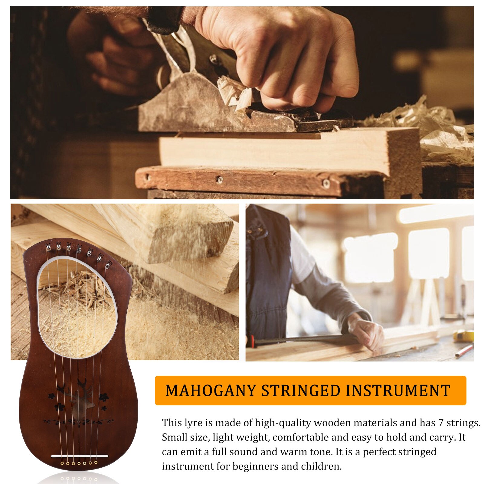1 Set Wooden 7-string Lyre Harp Portable Harp String Musical Instrument