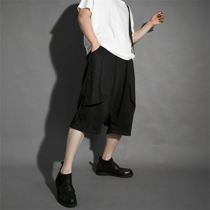 Sommer herre japansk mørk svart fjell original vindelastisk midje selebukser crossbukser løse uformelle cropped bukser