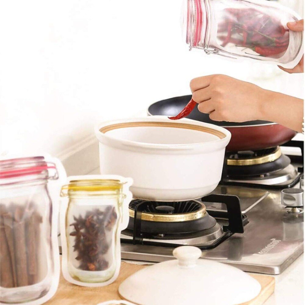 Mason Jar-bolsas reutilizables para botellas, bolsas de caramelos de frutos secos para galletas, Bolsa de almacenamiento de alimentos frescos, aperitivos, organizador de cocina sellado con cremallera, 5/10 Uds.
