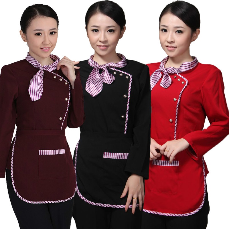 Long Sleeve Restaurant Waiter Uniform for Women Hotel Waitress Working Uniform Autumn Fast Food Waiter Tops +Apron Work Wear 89