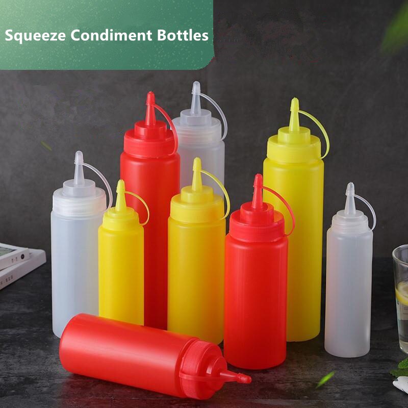 Refillable Squeeze Squirt Condiment Bottles Plastic Condiment Container for Kitchen Ketchup Mustard Sauces Olive Oil Gravy Boats