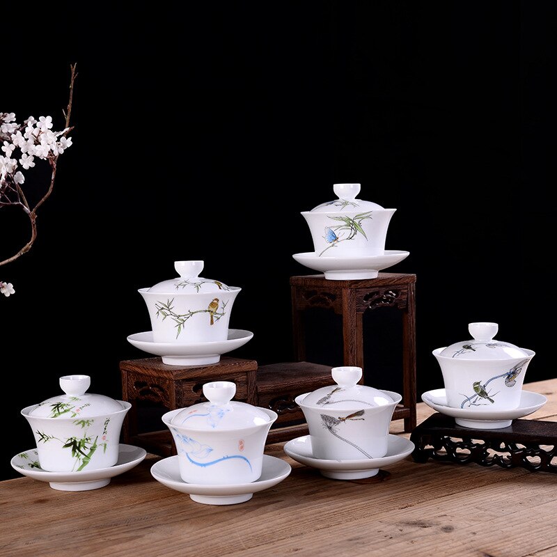 Gaiwan – ensemble de bols à thé chinois en céramique, porcelaine bleue et blanche peinte à la main, couvert avec couvercle, soucoupe