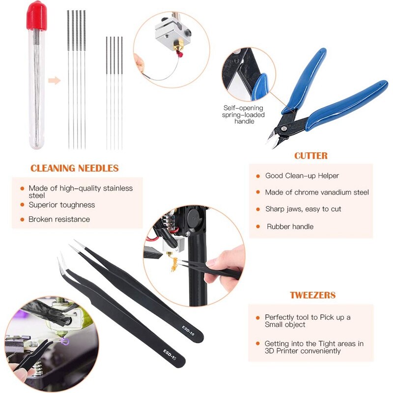 34 Pcs 3D Printer Accessory Kit, Printer Bed Cleaning Tool Nozzle Cleaning Tool Set with Nozzle Hose Silicone Cover Cleaning