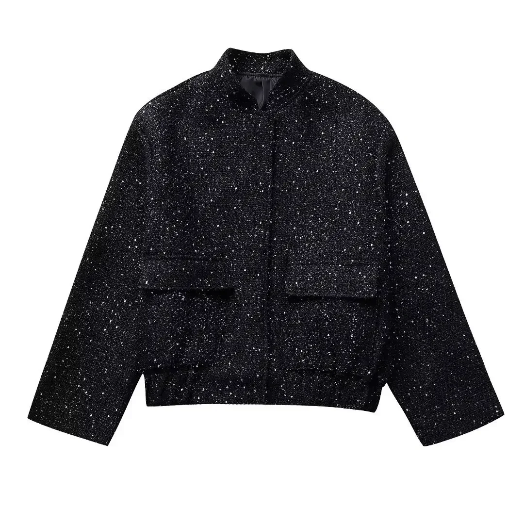 Dames Lovertjes Bomberjack Herfst Ronde Hals Lange Mouw Zak Stretch Zoom Met Pailletten Jas Dames Chic Bovenkleding: L / Blauw