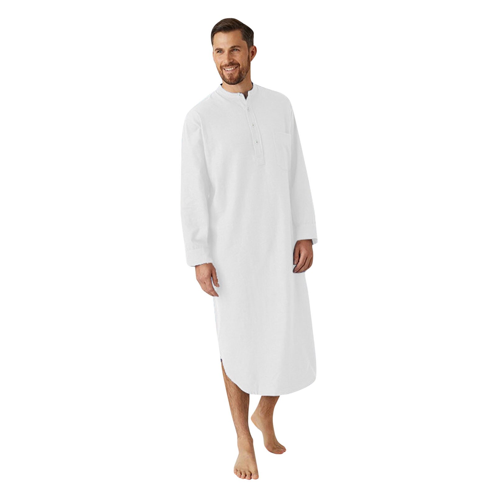 Men's Long-Sleeved Button-Down Sleepwear Solid Color Printed Shirt Stylish Nightgown Nightwear Loose bathrobe Nighty&Robe