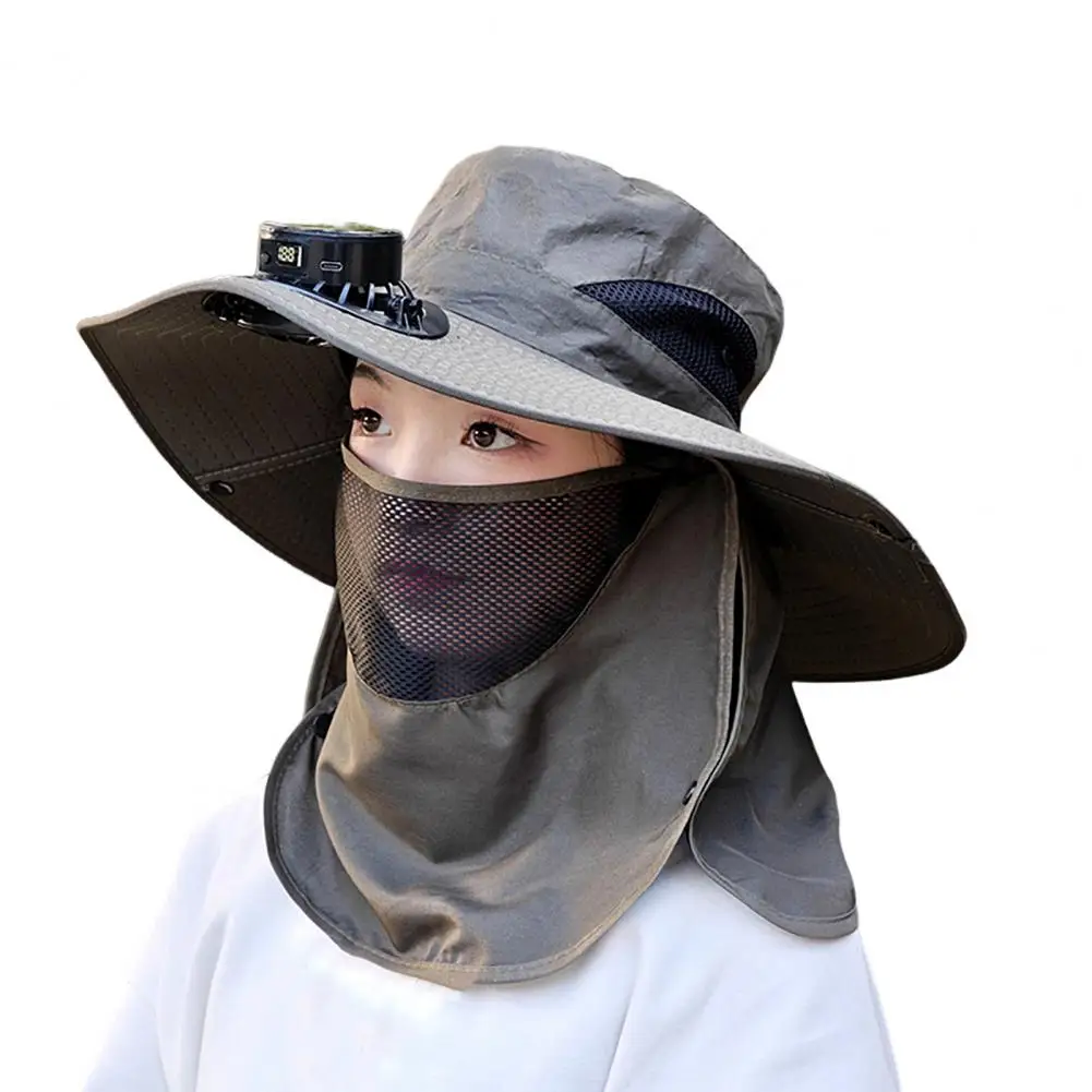 Sombrero con ventilador Solar con protector facial, solapa para el cuello, sombrero con protección UV, recargable por USB, para hombre, verano, pesca al aire libre, gorra de cubo de ala ancha: Verde militar