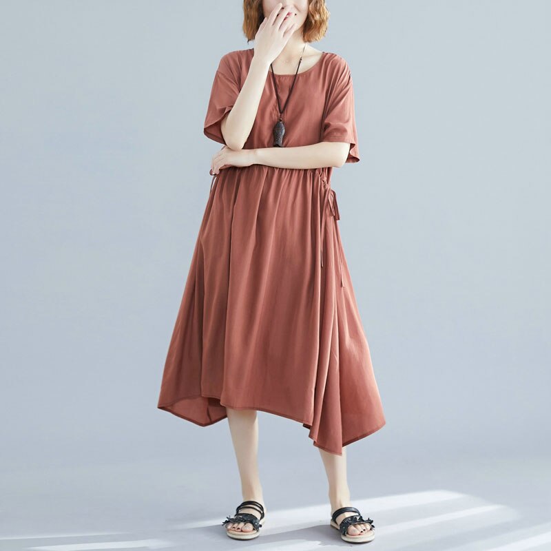 Dimanaf plus size damklänning sommar med bälte veckad bomull casual stil kvinnlig vestidos lös solid basklänning 4 färger: Hany 9195cn- dousha / Xl