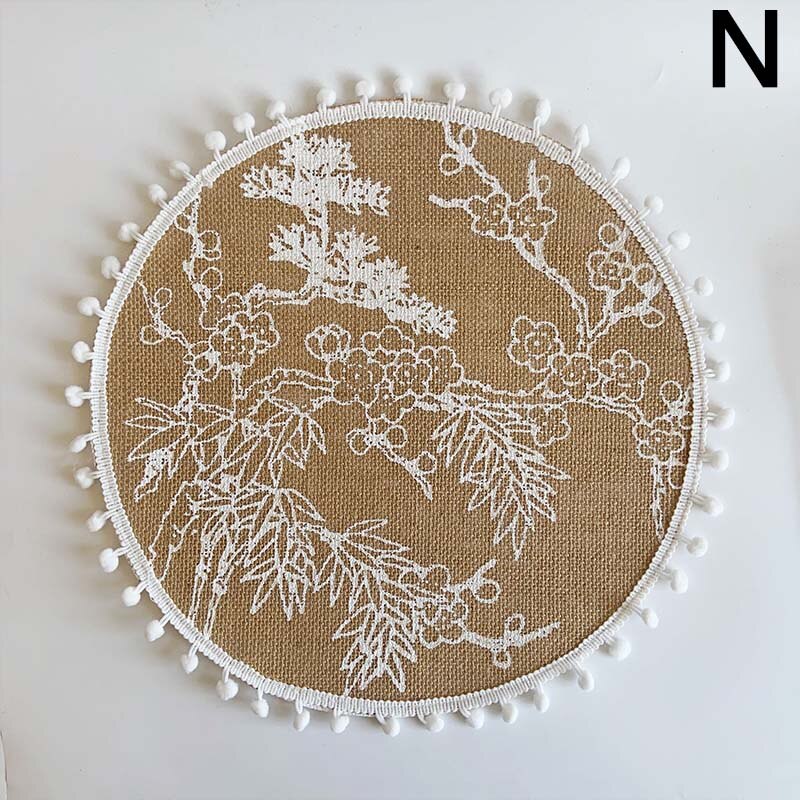Prachtige Geweven Jute Katoen Tafel Mat Bohemian Stijl Afdrukken Placemat Ronde Voedsel Pad Dining Servies Coaster Keuken Decor: N
