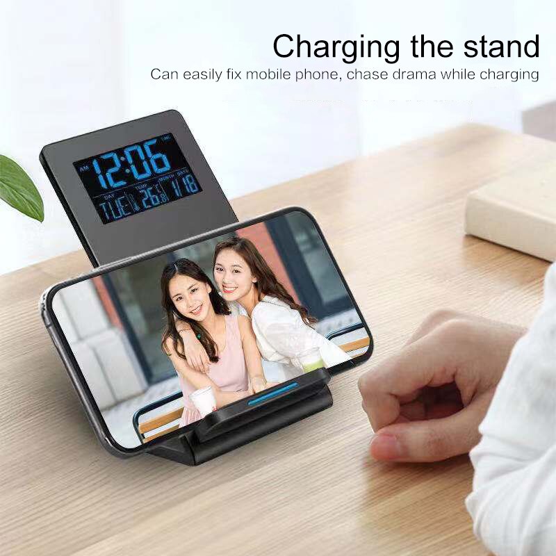 Carregador sem fio desktop suporte almofada para samsung qi carregamento rápido para iphone 11 com despertador digital temperatura do tempo 3-em-1