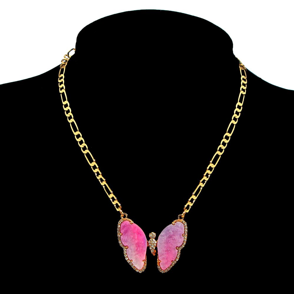 Flatfoosie Trendy Big Butterfly Crystal Pendant Necklace For Women Gold Silver Color Multi-layer Choker Necklace Hip-hop Jewelry: 030901GD