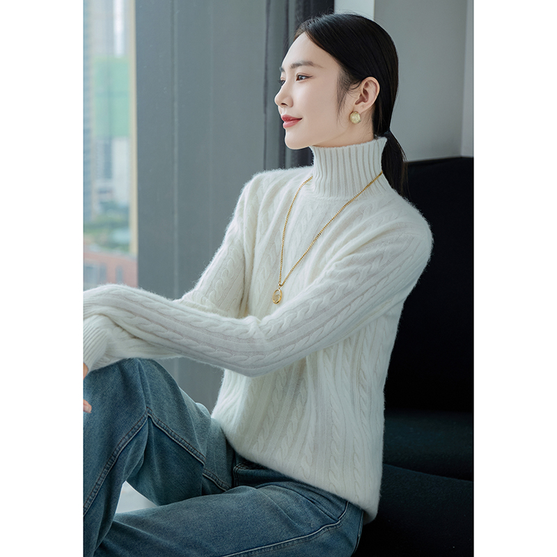 Camisa de fondo de lana pura 100% de Cuello medio alto para mujer, suéter de punto de lana acolchado suelto, otoño e invierno,